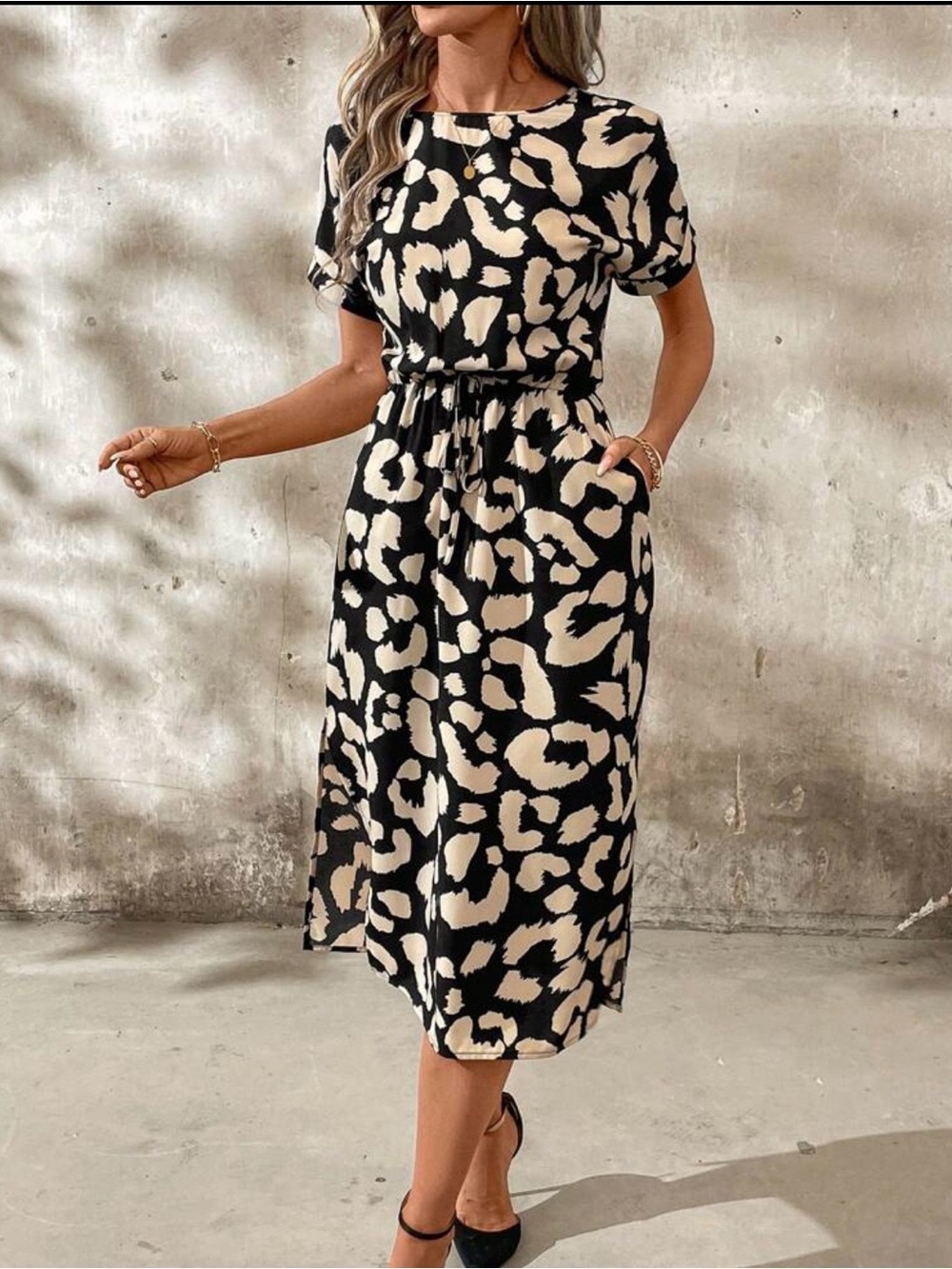 SHEIN Black & Cream Animal Print Tie-Waist Midi Dress